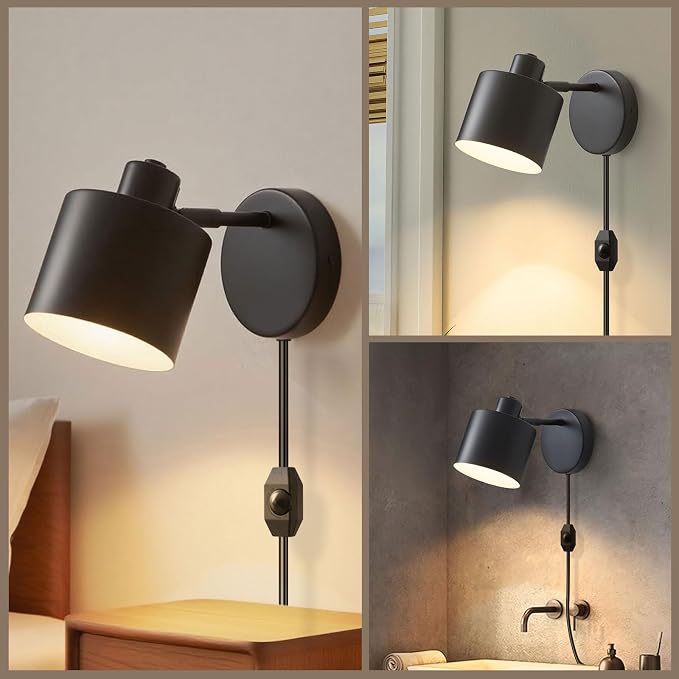 Lightess Black Plug in Wall Sconces Set of 2 Dimmable Corded with Switch | 350° Rotatable Lamp Head, Dimmable Corded Fixture With On Off Switch, Fits Bedside Kitchen Hallway; Bulbs Not Included
