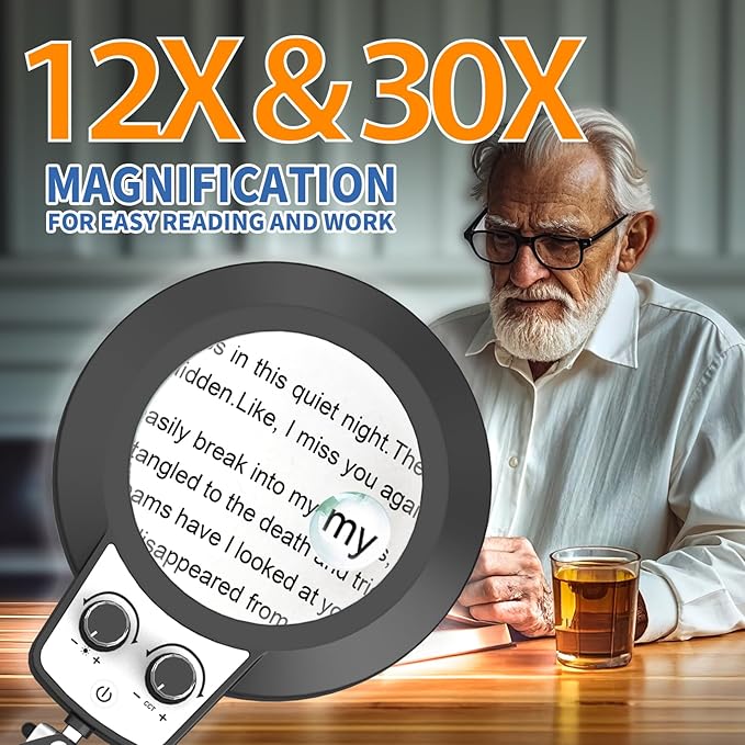 HITTI 12X & 30X Magnifying Glass with Light, New Upgrade Infinite Color and Brightness Desk Lamp & Clamp, 2-in-1 LED Lighted Magnifier Stand for Craft Reading Hobby Soldering Puzzle Close Work- Black