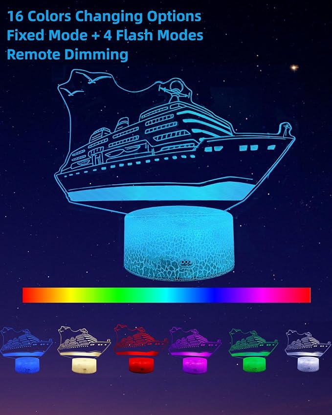 Cruise Ship 3D Illusion Night Light, 16 Colors Changing, Toy Lamp | Dimmable, Touch & Remote Control, Boys Girls Bedroom Room Decor, Birthday Christmas Gift Souvenirs for Toddler Kid Teen