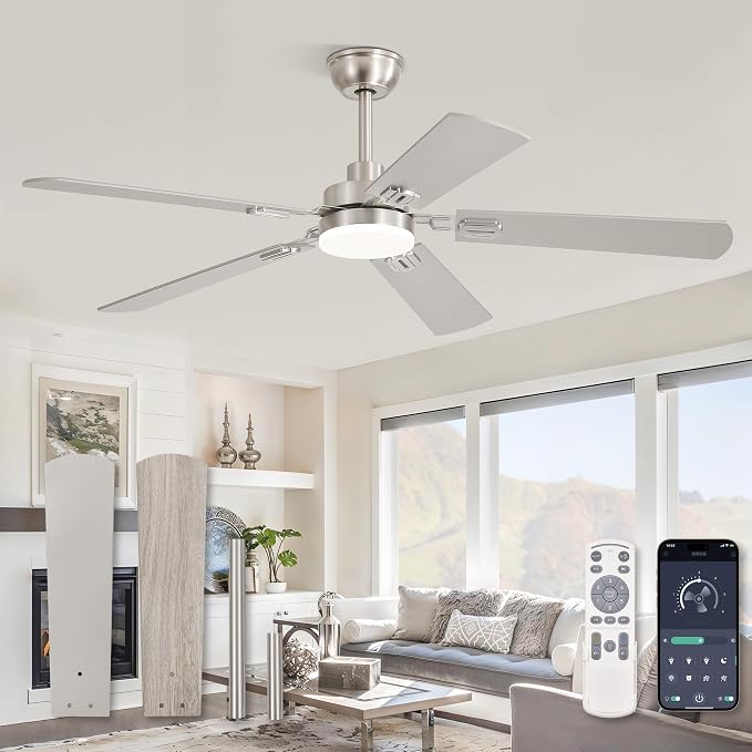 ZMISHIBO 52" Ceiling Fans with Lights and Remote, Nickel Modern for Indoor | 24W 2400LM Bright LED, 3CCT, Dimmable, App Control, Farmhouse Dual Finish Blades, Quiet&Strong Motor for Bedroom, Living Room