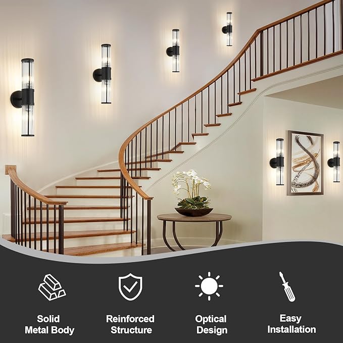 19.7" Modern Bathroom Wall Sconce Light Fixture, Black Glass Rod Vanity Light with E12 Base, Up or Down Mounting for Mirror Makeup Lighting (Bulbs Not Included)