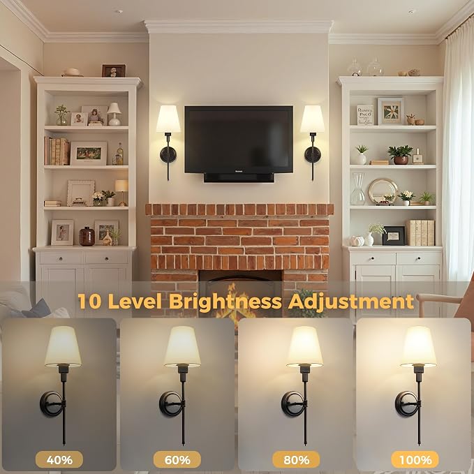 Battery Operated Wall Sconce: Set of 2 Wireless Wall Light 12000mAh | 15 Color Rechargeable Wall Sconces, Sconce Wall Decor Set of 2 for Bedroom, Living Room, Black 20.7in