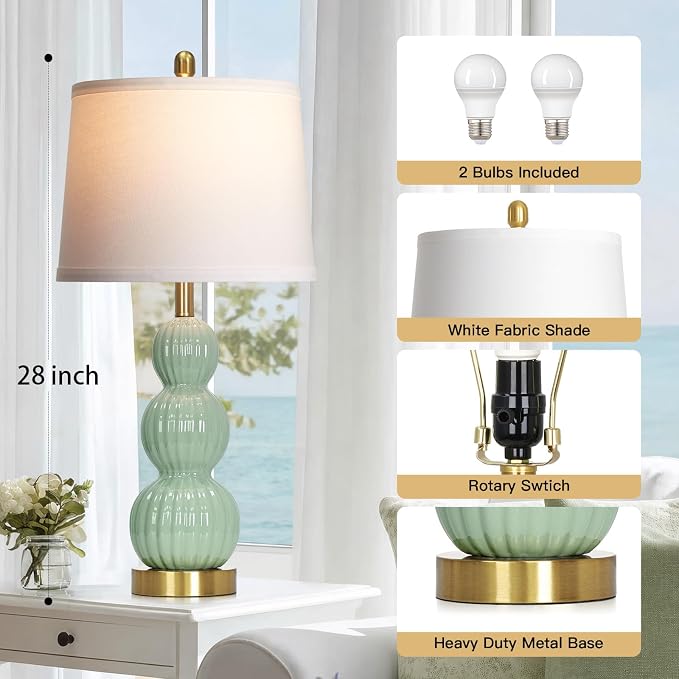 28" Sage Green Table Lamps Set of 2 for Living Room, Modern Ceramic Bedside Lamps for Bedroom, Ribbed Gourd Table Lamps for Nightstand (2 LED Bulbs Included)