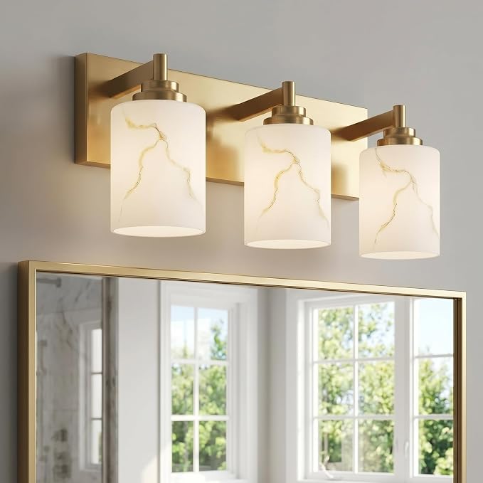 3-Light Bathroom Light Fixture, Gold Modern Vanity Light with White Marble Glass Shade, for Bathroom Mirror, Living Room, Bedroom, Hallway, E26 Base, Extended Base