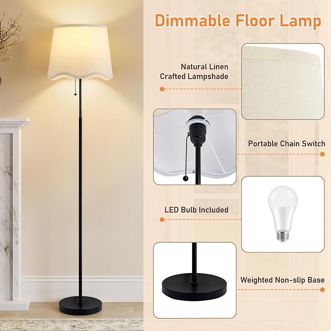 Floor Lamps for Living Room & Bedroom, 60" Modern Tall Standing Lamp, 3CCT | Lamps for Office, Classroom, Bedside, Linen Lampshade, Pull Chain Switch, Modern Design, Anti-glare Lighting, Easy Assembly