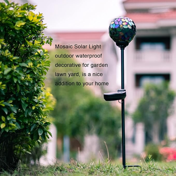 VCUTEKA Decorative Solar Garden Lights, 3.5" Mosaic Globe Outdoor Stake | Mosaic Glass Globe Design, Solar LED Light, Waterproof Design, Auto On/Off and Metal Stake Design for Lawn and Patio