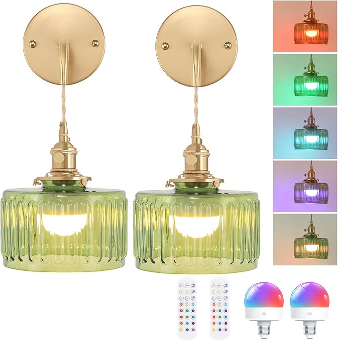 Shenmoyl Battery Operated Wall Sconce with Green Striped Shade Pattern Glass Adjustable Chain Retro Gold Wall Mounted Light, Modern Wall Decor for Bedside Bedroom Indoor Doorway， Set of 2