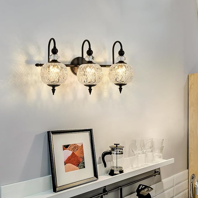 Piepooye Vintage Bathroom Light Fixtures Black Vanity Light with Glass Globe LampShade 3 Lights Mid Century G9 Bulb Wall Sconce Indoor Vanity Light Over Mirror for Kitchen Bedroom Farmhouse