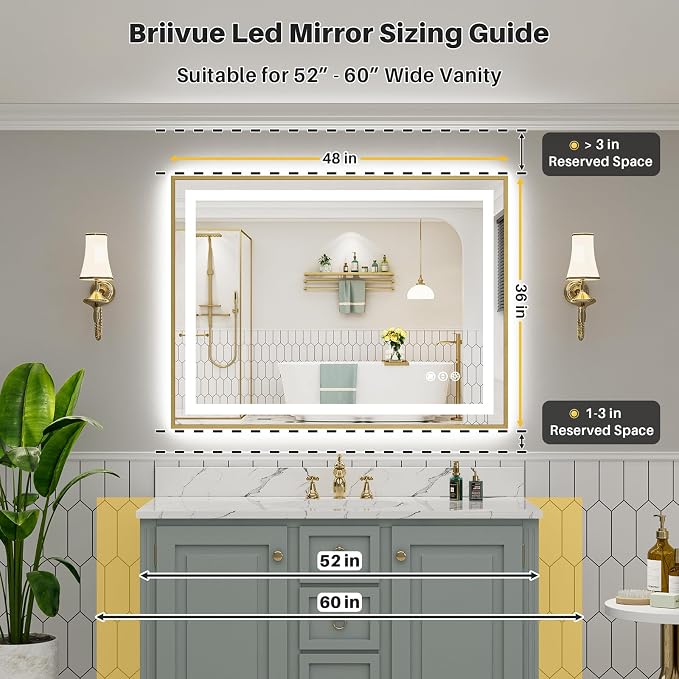 48x36 Inch LED Bathroom Mirror with Gold Frame, Backlit & Front Lit | Anti-fog, 3 Color Dimmable, Memory Function, HD Reflection Tempered Glass, ETL Listed, IP54 Waterproof