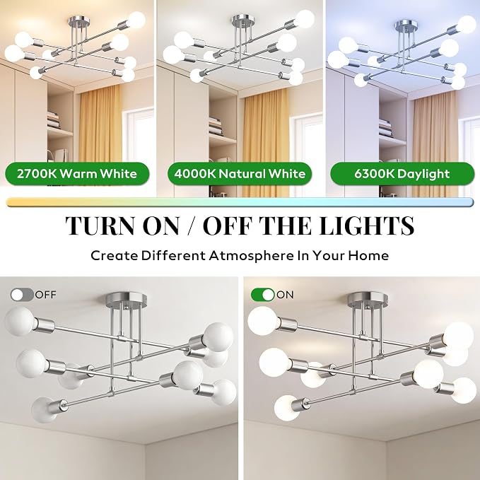 Modern Sputnik Chandelier Ceiling Light Fixtures, 8-Lights Mid Century Industrial Metal Semi Flush Mount for Dining Room, Bedroom, Living Room-Glossy Silver