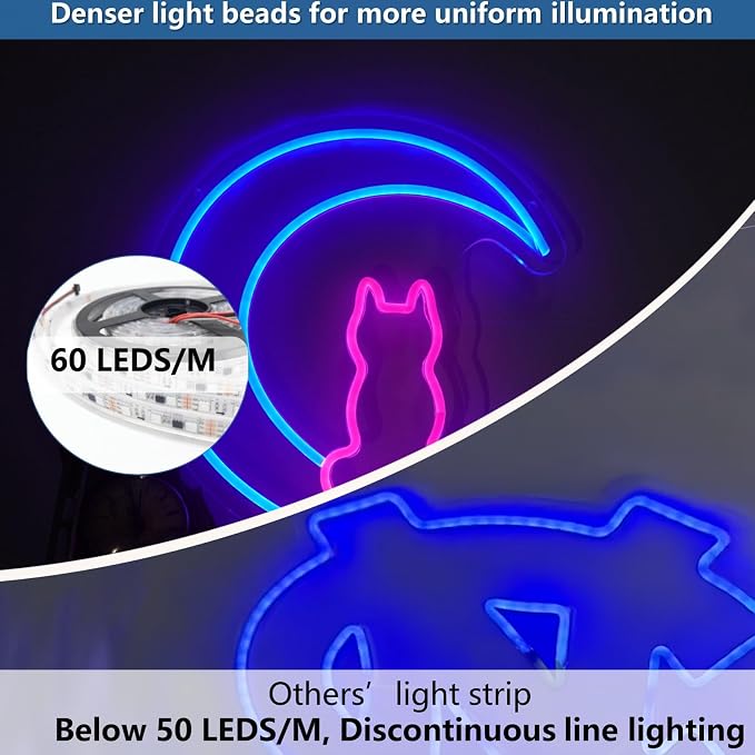 Moon Cat Neon Signs for Wall Decor, White Blue LED Light Sign for Preppy Room Decor Light Up Sign for Party Decoration