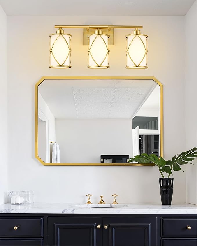 3-Light Brushed Gold Bathroom Light Fixtures with Milk Frosted Glass, 21" Modern Bathroom Vanity Lighting Fixtures Over Mirror with Metal Cage, Wall Sconce Lights for Bath, E26, CH9176BGW-3W