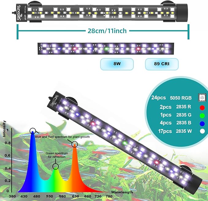 SEAOURA Submersible Aquarium Light for 12 to 23 Inch Fish Tank, 24/7 Cycle Fish Tank Light with Timer, Aquarium Plant Light with Full Spectrum+7 Single Colors, Auto On/Off, Adjustable Brightness