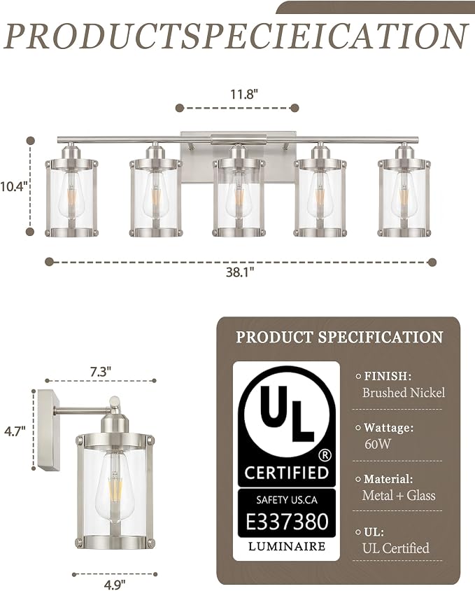 5-Light Brushed Nickel Bathroom Light Fixtures Over Mirror with Clear Glass and Metal Cage Shade, 38" UL-Listed Modern Farmhouse Wall Sconce for Bath, Hardwire E26, OS-3014BN-5W