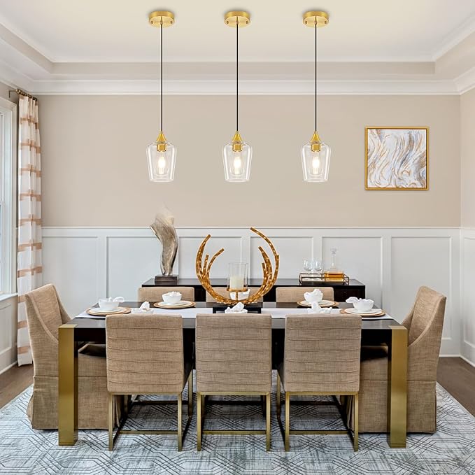 3-Pack Modern Pendant Lights Kitchen Island Brushed Gold Glass Pendant Lighting Over Island Kitchen Hanging Light Fixtures Adjustable Pendant Lights for Dining Room Bathroom Bedroom