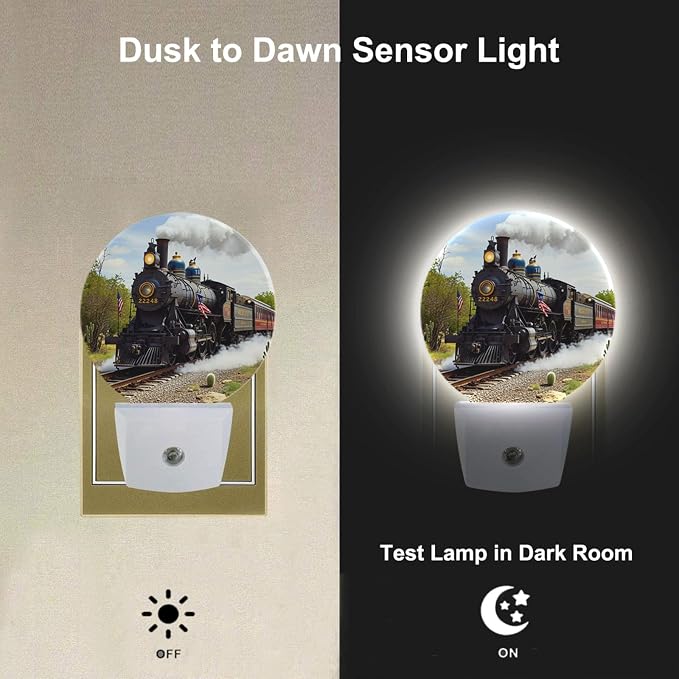 Train Night Lights Plug into Wall Antique Freight Steam Train Rural Scenery Night Light Dusk to Dawn Sensor LED Lighting for Home Bedroom Bathroom Living Room Farmhouse Decor