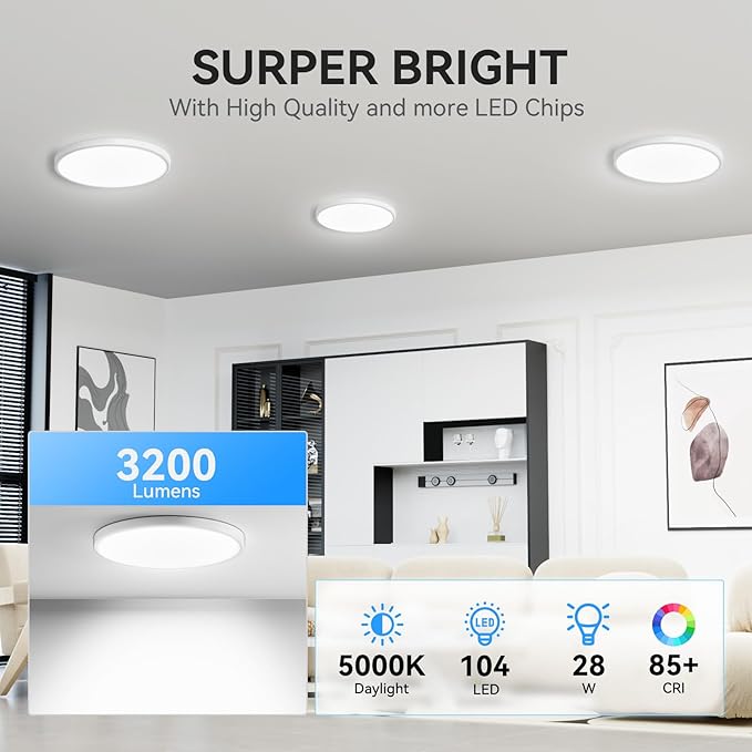 4PACK 3200lm LED Flush Mount Ceiling Light, Super Slim 12 inch LED Ceiling Light, 5000K Daylight LED Ceiling Light for Bedroom, living room, garage, office, warehouse, Dining room (White, Four Pack)