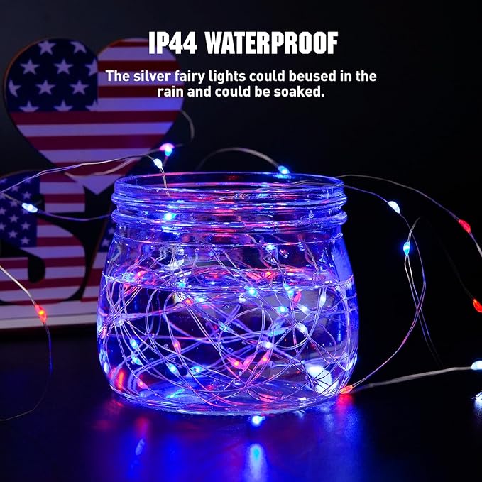JMEXSUSS 4 Pack 50LED Red White Blue Fairy Lights Battery Operated, 16ft Battery Powered 4th of July Fairy Lights, Indoor Patriotic Lights for Independence Day 4th of July Decorations