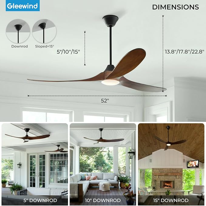 52 inch Outdoor Ceiling Fans with Lights-Glass Lamp, Smart Ceiling Fan with WIFI Alexa and App Remote Control, Damp Rated Wood Propeller Blades for Patios & Porch, 3 Blades, High CFM 6 Speed, Walnut