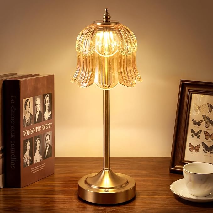 Flower Battery Operated Rechargeable Lamp Cordless, Tulip, Amber | Small, Vintage, Gold, Wireless, LED, Dimmable, Table, Home Decor, Bedroom, Bedside, Nightstand, Birthday Gifts for Women