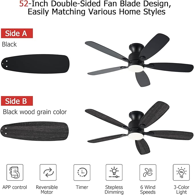 52inch Black Ceiling Fans with Lights, Low Profile Ceiling Fan with Light and Remote/APP Control, Reversible DC Motor, Noiseless, Dimmable, Flush Mount Ceiling Fan for Bedroom Living Room Patios