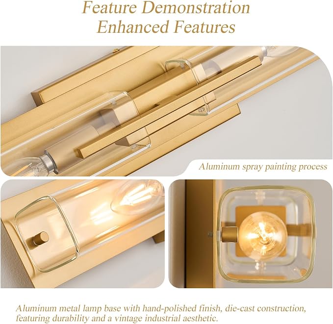 VitaLink Modern Bathroom Vanity Light Fixtures, 24-Inch Gold Modern Glass Bathroom Wall Lighting Fixtures Over Mirror Wall Mounting Lighting for Living Rooms Hallways Bedrooms