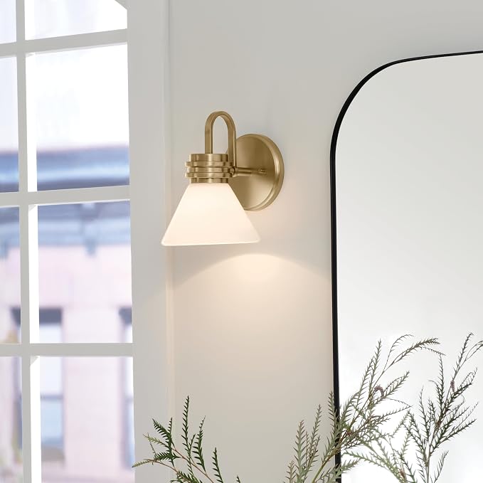 Kichler Farum 9.5 Inch 1 Light Wall Sconce with Opal Glass in Champagne Bronze, for Fireplace, Kitchen, Bedroom, Hallway, or Vanity, (7.25" W x 9.5" H), 55153CPZ