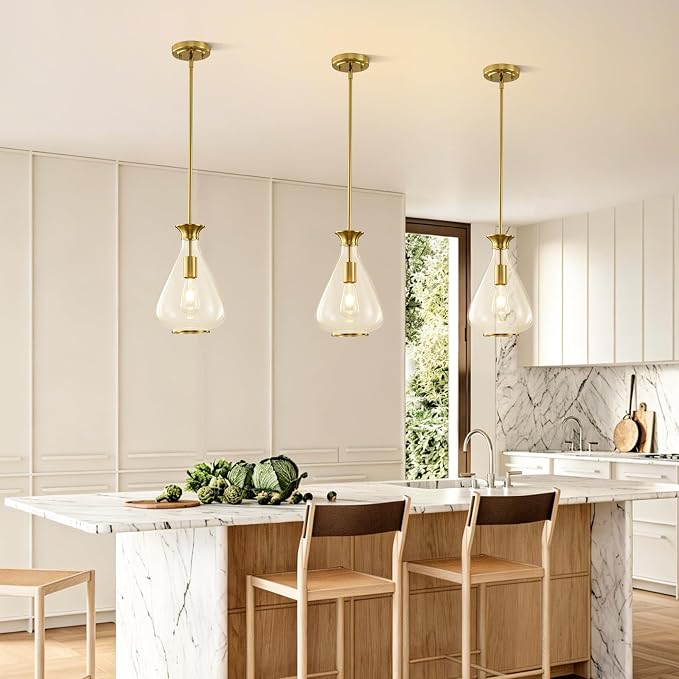Modern Pendant Lights Kitchen Island, 1 Pack Brushed Gold Pendant Light Fixtures with 8.5" Clear Glass Shade, Industrial Hanging Pendant Lights Fixture for Kitchen Island Dining Room Hallway Entryway