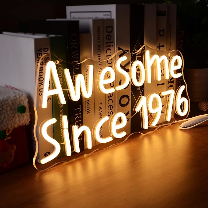 Awesome Since 1976 Neon Signs Happy 50 Years Old Birthday LED for Men Women | Warm White Fifty Glowing Light for 50th Wedding Anniversary Party Decorations