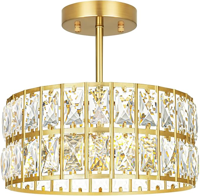 Brushed Gold Crystal Ceiling Light, Modern Semi Flush Mount Ceiling Lighting, Hallway Lighting Fixtures, Small Chandelier Light Fixture for Kitchen Entryway Bedroom Dining Room, 3-Light, 12 Inch