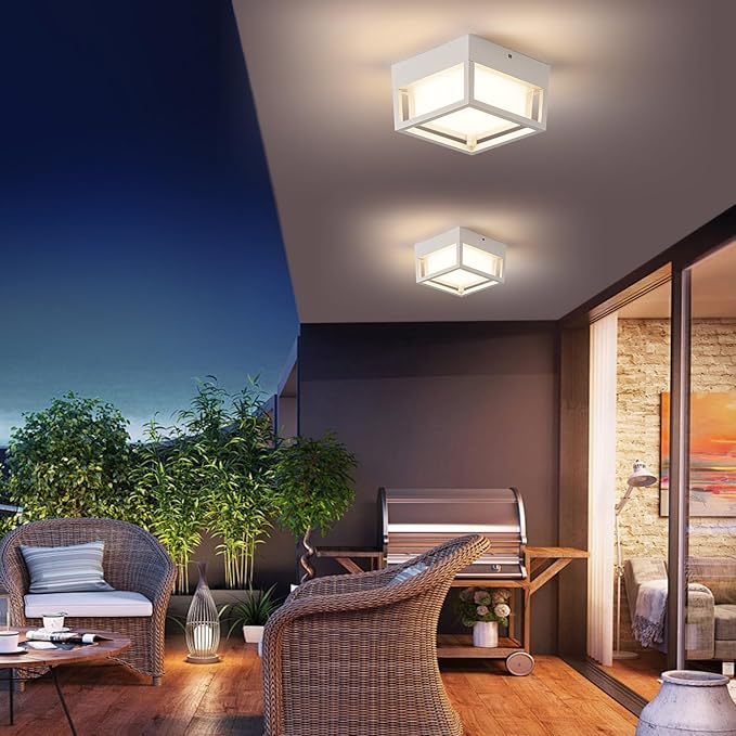 Small Outdoor Flush Mount LED Ceiling Light Exterior Porch Light Ceiling Mounted for Patio Balcony Terrace, 3000K Warm, 125w Equivalent, White, 6.3”x6.3”x4.3”