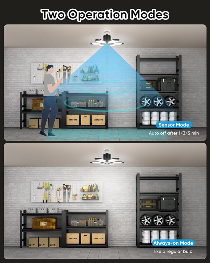 Motion Sensor Garage Light with Remote, 20000LM 6500K LED Shop Light | 1/3/5-Min Auto-Off, 6 Deformable Panels, E26 Screw-In, Ultra Bright Wide-Angle Ceiling Light for Garage, Workshop, Basement