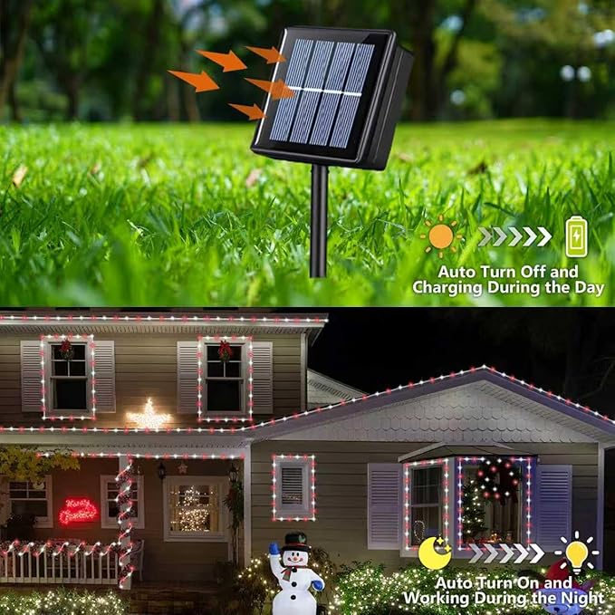 YEGUO Solar Rope Light Outdoor Waterproof, 66ft 200 LED Red and White String Lights, 8 Modes Tube Christmas Lights in Clear Thin Tube