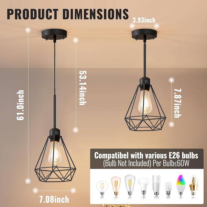 Maliralt Pendant Light Hanging Lights Fixture - Black Industrial Hanging Lamps with Metal Diamond Shade for Kitchen Island, Dining Room Over Table, Breakfast Corner, Farmhouse Home Decor - 2 Pack