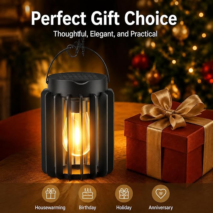 2 Pack Solar Lanterns Outdoor Waterproof, Metal Hanging Lantern, Black | 12-Hr Runtime Outdoor Solar Lantern, Auto On At Dusk, High Bright Hanging Solar Lights for Garden Porch Patio Yard Decor