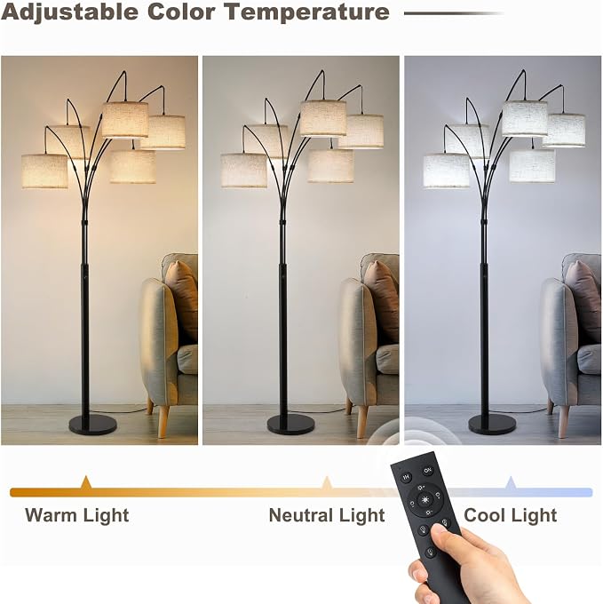 Bright Floor Lamp, Remote Control, Beige Shade Black Pole | Large Floor Lamp, 4000LM Independently Controlled 9W LED Energy-Saving Light Bulb, Memory Function, Adjustable Arm