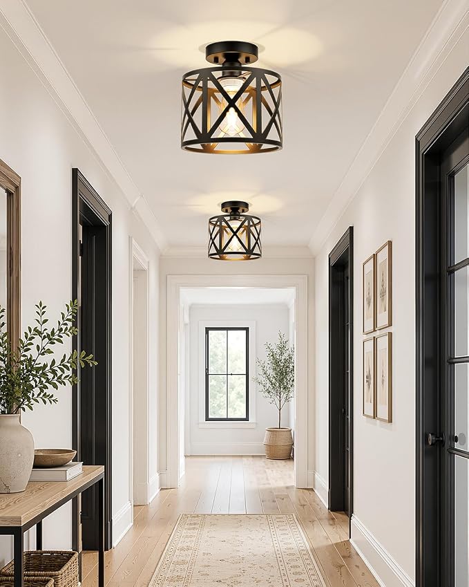 Farmhouse Semi Flush Mount Ceiling Light Fixture E26 Metal Cage Industrial Ceiling Lighting for Kitchen, Bedroom, Foyer, Entryway, Laundry Room, Dining Room, Hallway 8 Inch Black
