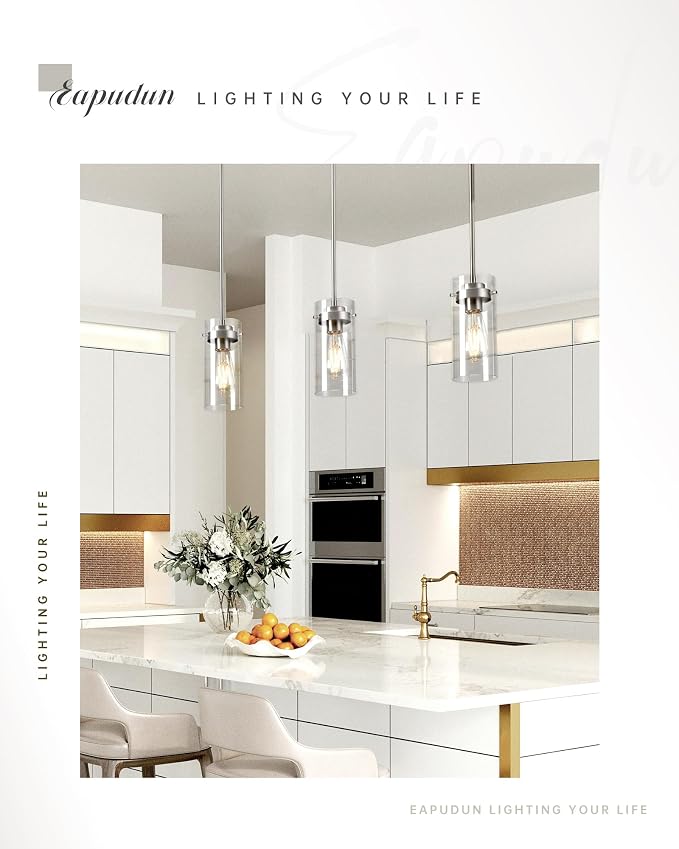 EAPUDUN Pendant Light (2 Packs), Kitchen Ceiling Hanging Light, Adjustable Height, Kitchen Light Fixtures Brushed Nickel Pendant Lights, Farmhouse Pendant Lighting for Sink Island, Home Décor Lighting