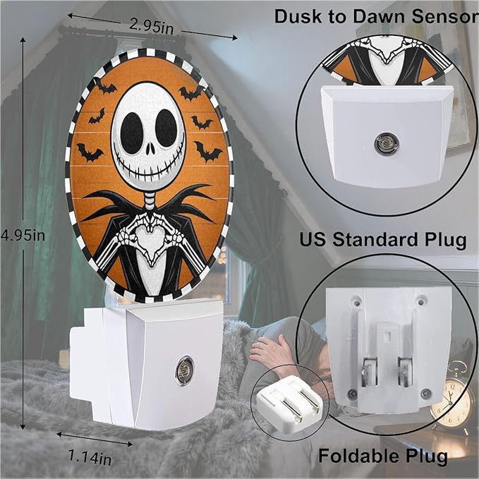 Mugod Funny Halloween Skeleton Plug-in Nightlights Bats Night Light Plug into Wall with Dusk-to-Dawn Sensor LED Lighting 0.5W Sleep-Friendly