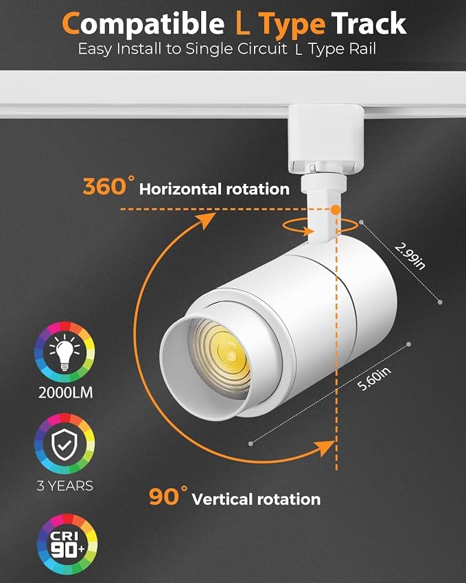 L Type Track Lighting Heads 20W, 3-Color Zoomable, 4 Pack, White | Dimmable | 3000K 4000K 5000K Selectable | Beam Angle Adjustable LED Track Light Heads | 2000lm Bright