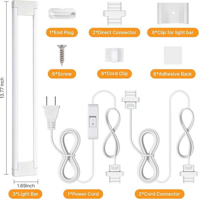 3 Pack Plug in Under Cabinet Lighting for Kitchen, 6500k Bright Under Counter Lights for Shelf/Workbench/Bookshelf/Over Sink, 14inch Linkable 110V LED Light Bar