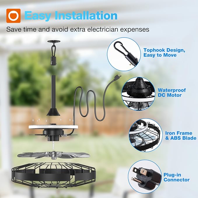 addlon 20" Outdoor Ceiling Fan with Light for Patio, IP65 Plug in Caged Fan | Waterproof, Hanging, Reversible DC Motor, 6 Speeds, Remote/APP Control, Quiet Operation, Timer, for Gazebo, Patio, Porch