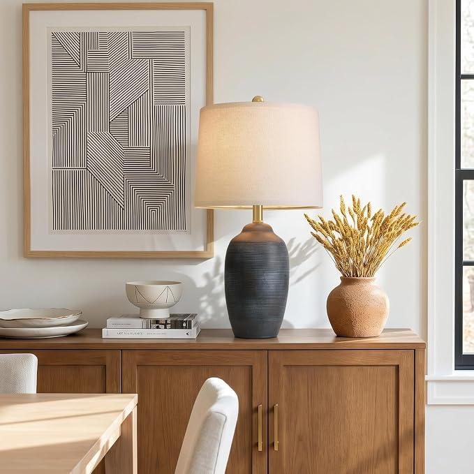 24.5" Vintage Ceramic Table Lamp for Living Room Black Single | Farmhouse Small Nightstand Lamps for Bedroom, Rustic Stone-Textured Ceramic, Home Decor for Bedside, Side End Table, Buffet