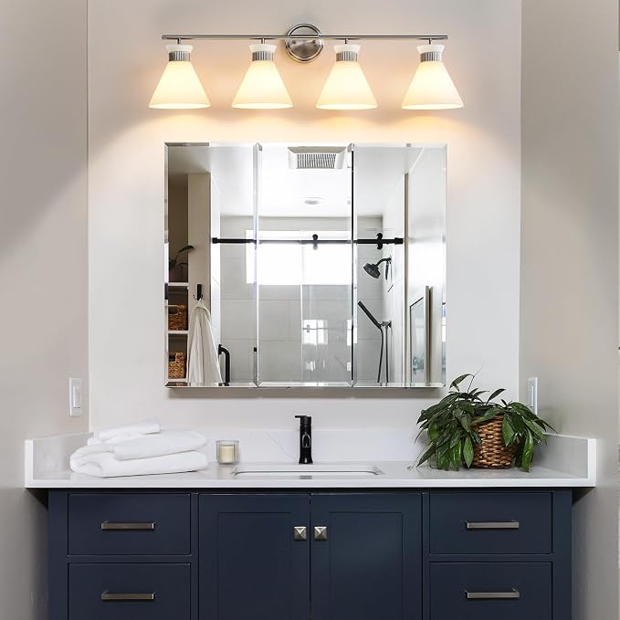 WOSHITU Bathroom Light Fixtures: Brushed Nickel 4 Lights Bathroom Vanity Lights Over Mirror with Milky White Frosted Glass Shade, 36 inch Farmhouse Vanity Lighting Sconce (Exclude E26 Bulb)