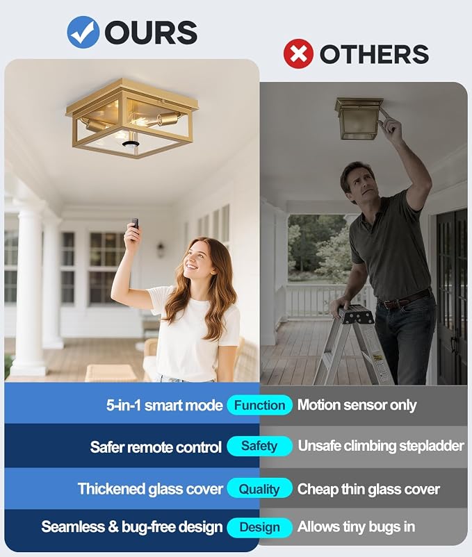 Lynnoland Motion Sensor Outdoor Ceiling Light with Remote, 12.2 Inch Gold Flush Mount Porch Light Fixture with United Glass Cover, 5 Modes Outside Flush Mount Light for Porch, Garage, Patio, Entryway