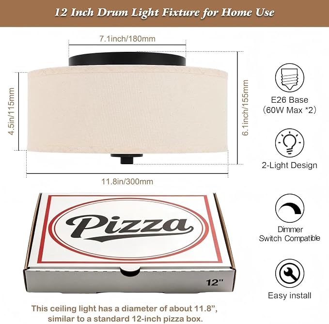 12" Flush Mount Ceiling Light,2-Light,Linen Drum for Small Rooms | Farmhouse Ceiling Light,Beige Fabric Drum Shade,E26 sockets(MAX.60W),hallway,small bedroom,walk-in closet,Bulbs NOT Included