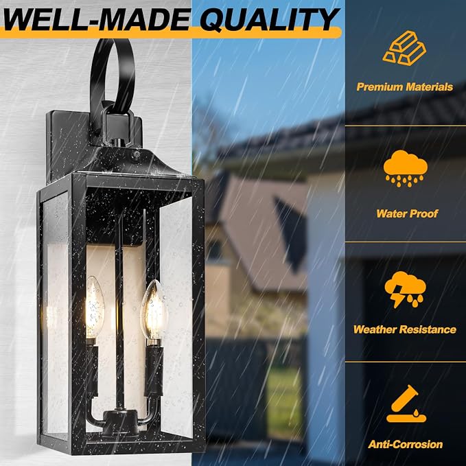 19" Large Dusk to Dawn Outdoor Wall Lantern 2-Light, Modern Porch Lights | Waterproof Exterior Lighting Fixtures with Clear Glass, Farmhouse Outside Sconces Outdoor Lights for House, Black, 1-Pack