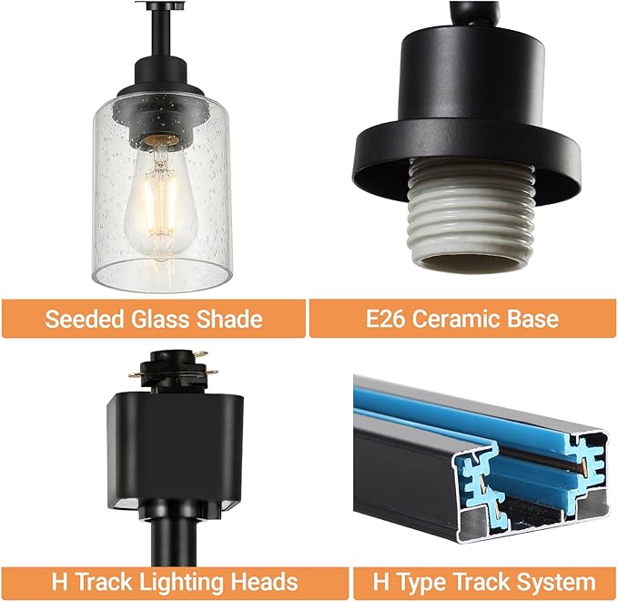 LOUSACE 6-Pack H Type Track Lighting Heads, Black Ceiling Track Lighting Fixtures with Seeded Glass Shade, E26 Track Lighting Replacement Heads for Accent Retail Kitchen Island Lighting