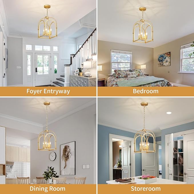 4-Light Gold Chandelier, Modern Farmhouse Lantern Chandelier with Rustic Cage Hanging Pendant Light Fixture for Kitchen Island Bedroom Living Room Entryway Foyer, Dining Room Light Fixtures Over Table
