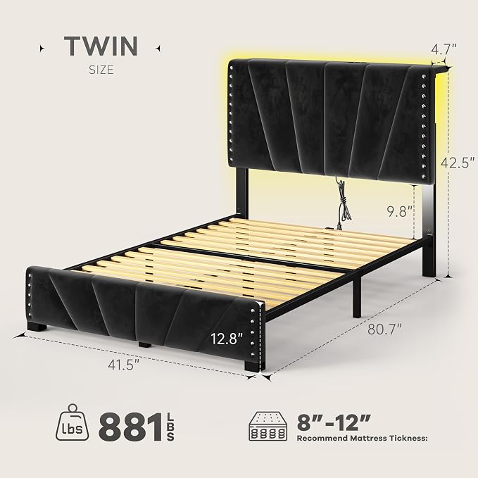 EnHomee Twin Bed Frame with LED Lights & USB, Noise-Free, Black | Adjustable Velvet Headboard，Under-Bed Storage，Heavy Duty Support with 12 Slats，No Box Spring Needed，Easy Assembly for Bedroom